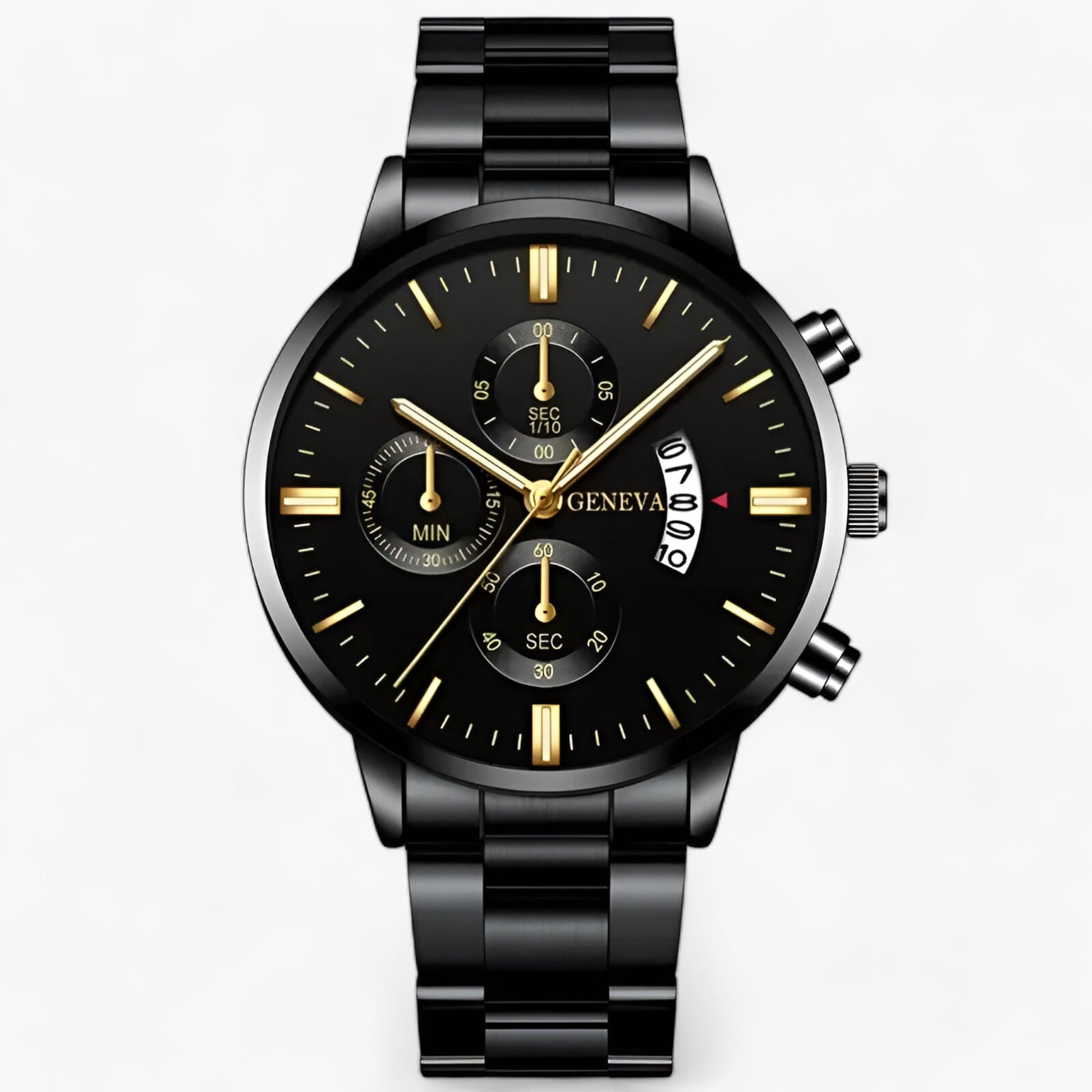 Schwarze Herrenarmbanduhr mit Chronograph, Edelstahlarmband, goldene Zeiger, elegantes Design.
