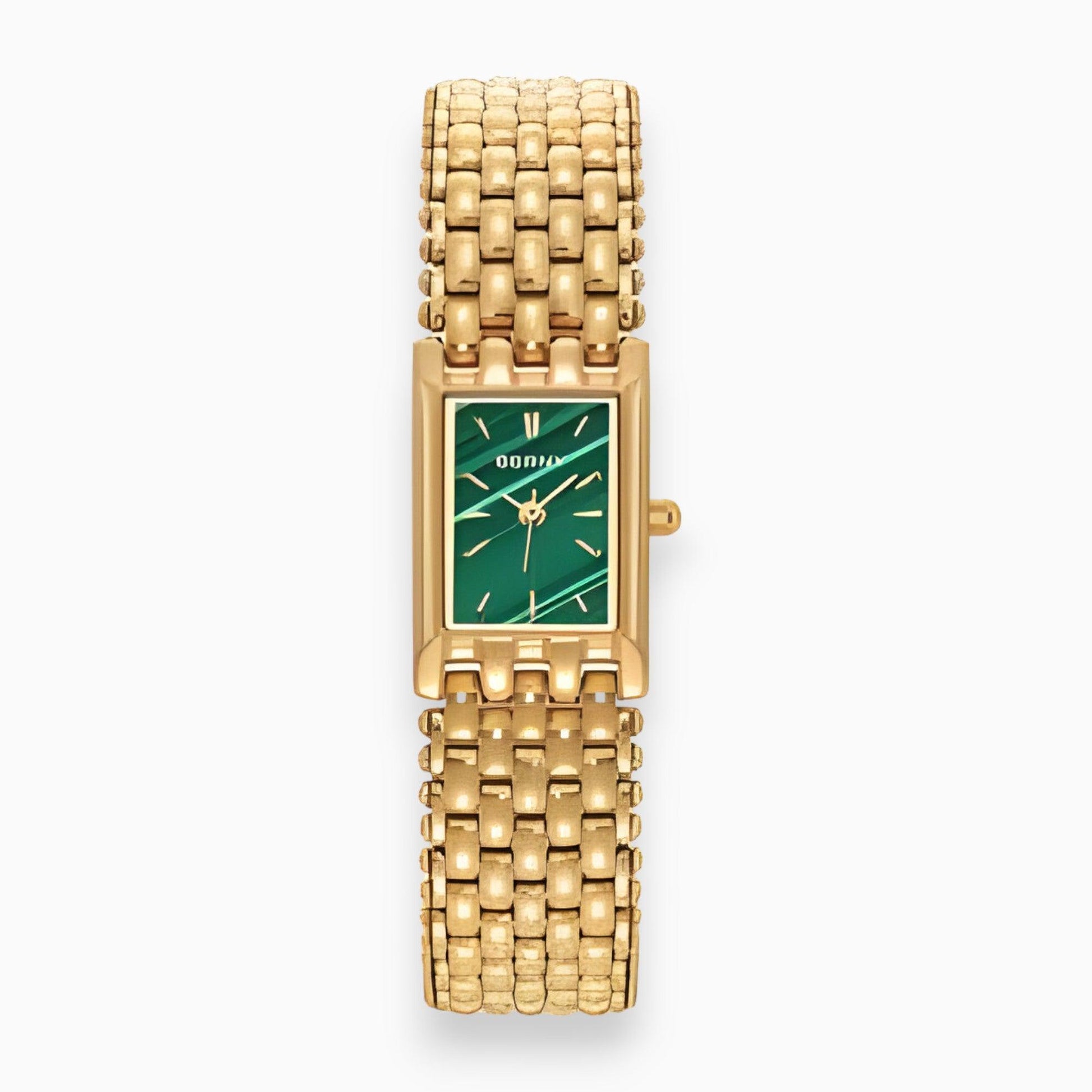 Goldene Armbanduhr mit rechteckigem grünen Zifferblatt, elegantes Design, Damenuhr.