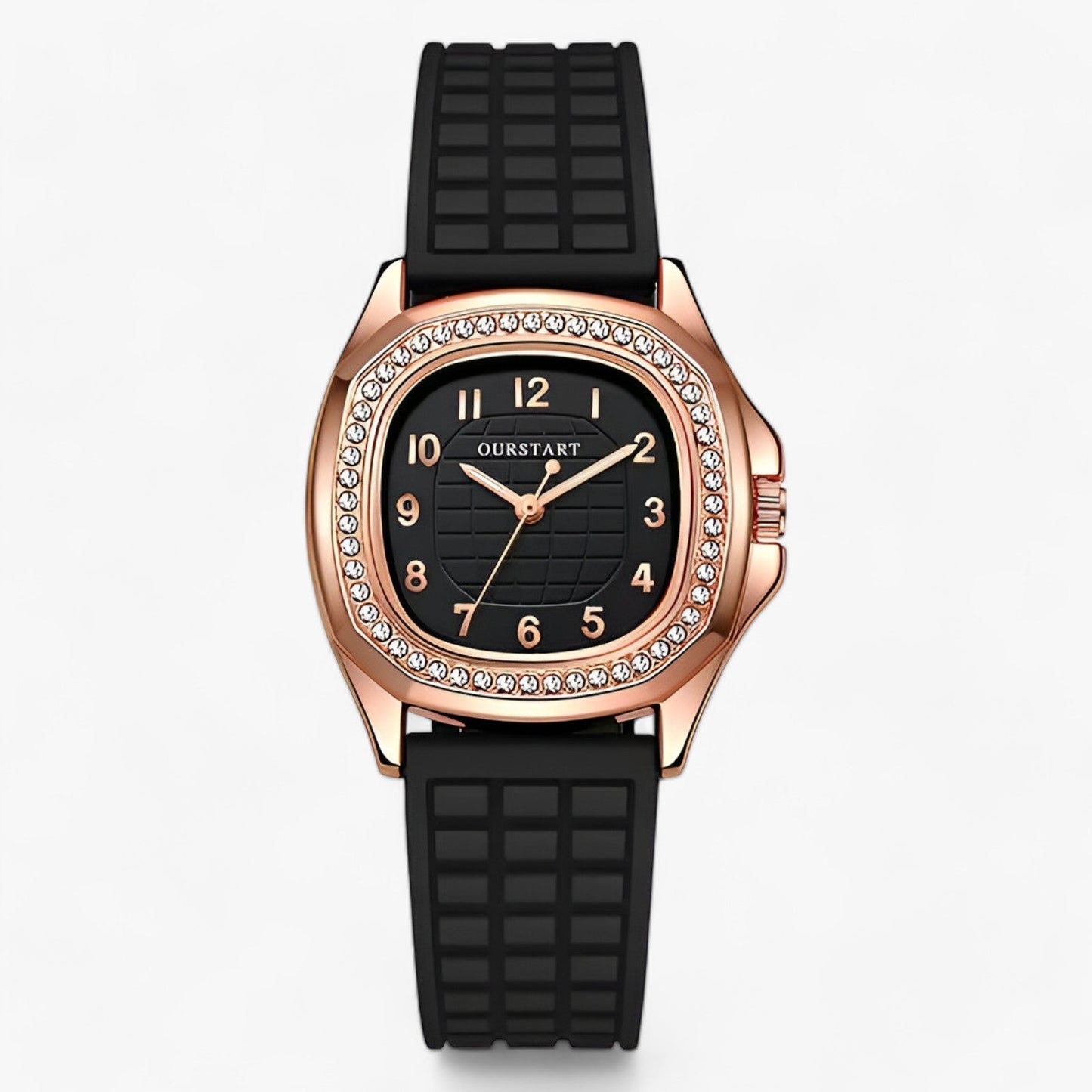 Luxus-Damenarmbanduhr, roségold, schwarzes Zifferblatt, Silikonarmband, Strasssteine.