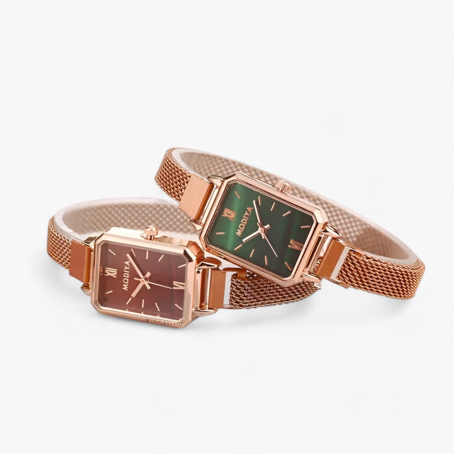 Zwei roségoldene Armbanduhren mit rechteckigem Zifferblatt, eine in Braun, eine in Grün.