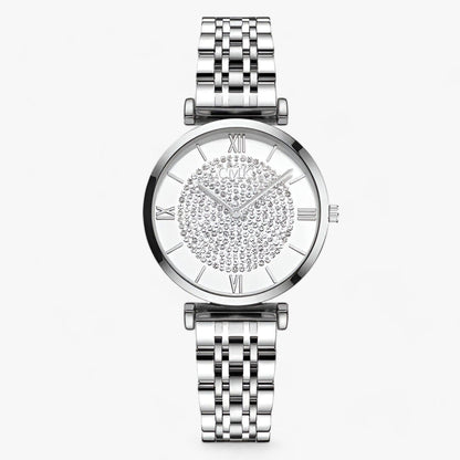 Silberne Damenarmbanduhr mit Strasssteinen, römischen Ziffern und Metallarmband.