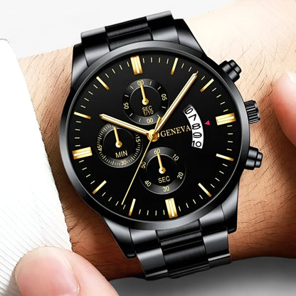 Schwarze Herrenarmbanduhr mit Chronograph, Edelstahlgehäuse, goldene Zeiger, elegantes Design.