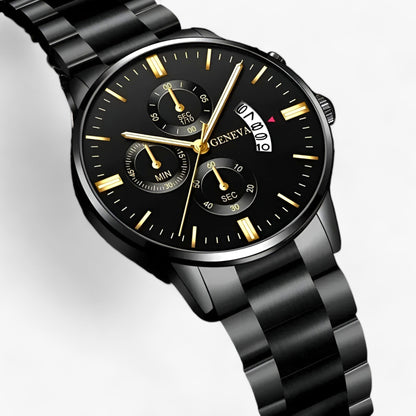 Schwarze Edelstahl-Armbanduhr mit Chronograph, goldenen Zeigern und Datumsanzeige.