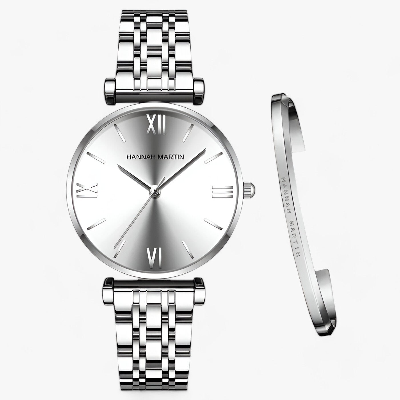Silberne Armbanduhr mit Edelstahlarmband und römischen Ziffern, elegantes Design.