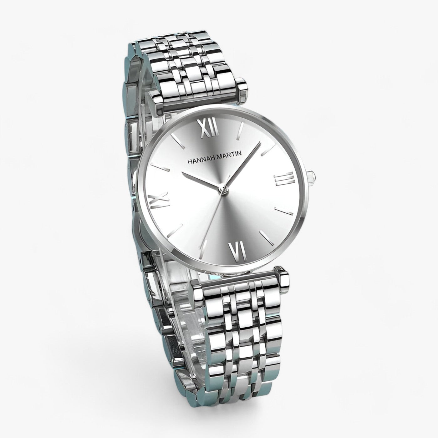 Silberne Herrenarmbanduhr mit römischen Ziffern, Edelstahlarmband, elegantes Design.