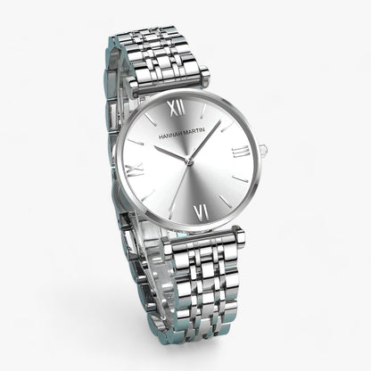 Silberne Herrenarmbanduhr mit römischen Ziffern, Edelstahlarmband, elegantes Design.