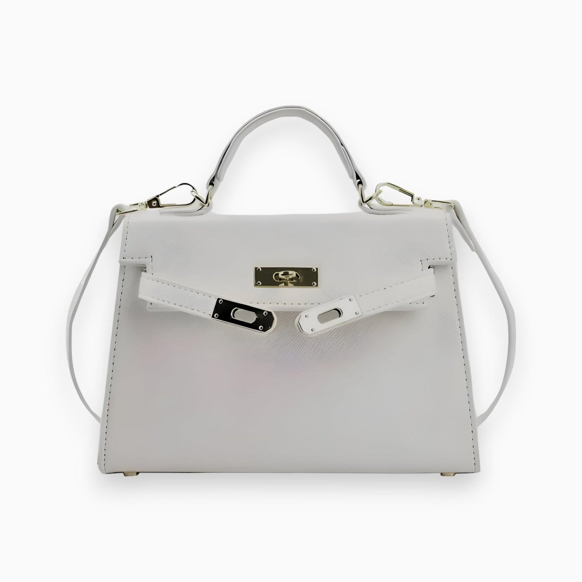 Weiße Damenhandtasche aus Leder mit goldenen Details und abnehmbarem Schulterriemen.