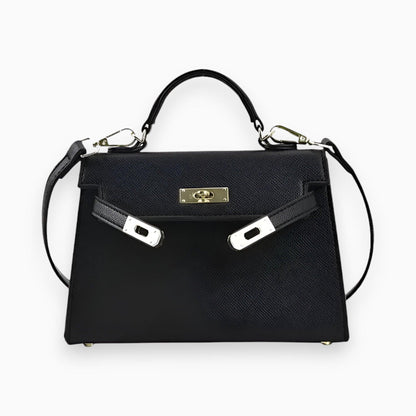 Schwarze Lederhandtasche mit silbernen Beschlägen, elegantes Design, Damenmode Accessoire.