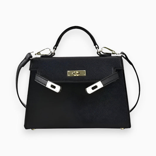 Schwarze Lederhandtasche mit silbernen Beschlägen, elegantes Design, Damenmode Accessoire.