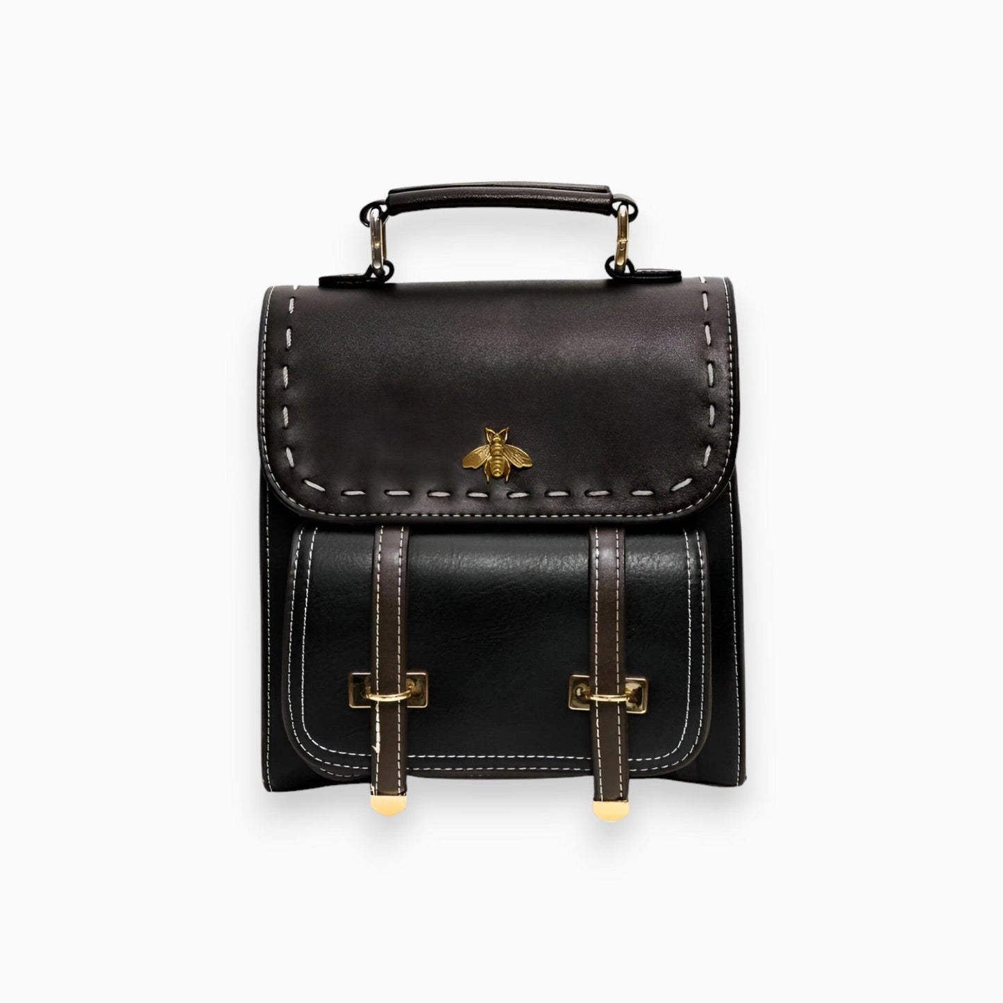 Schwarzer Lederrucksack mit Bienenemblem, modisch, elegant, Damenaccessoire, hochwertig.