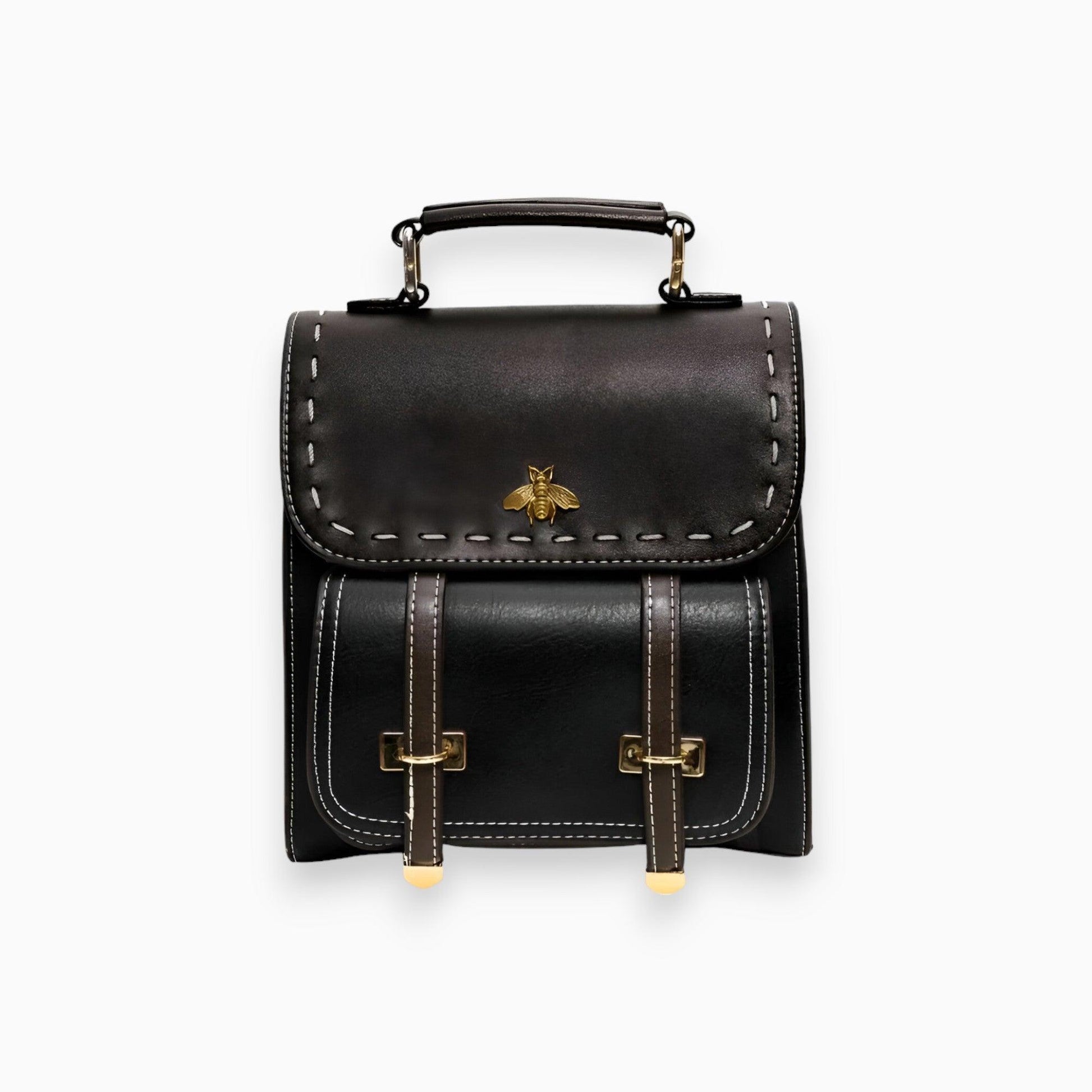 Schwarzer Lederrucksack mit Bienenemblem, modisch, elegant, Damenaccessoire, hochwertig.