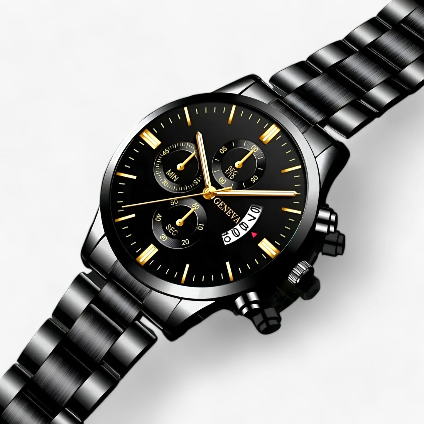 Schwarze Edelstahl-Armbanduhr mit Chronograph, goldenen Zeigern und Datumsanzeige.