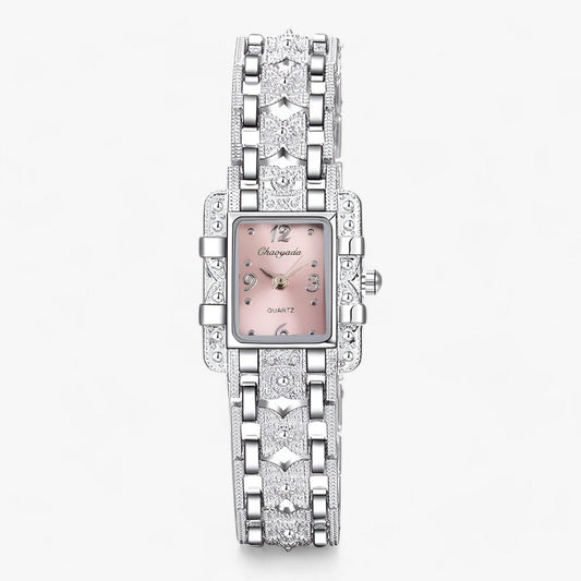Luxus Damenarmbanduhr, silber, rechteckiges Zifferblatt, Strasssteine, elegant, modisch.