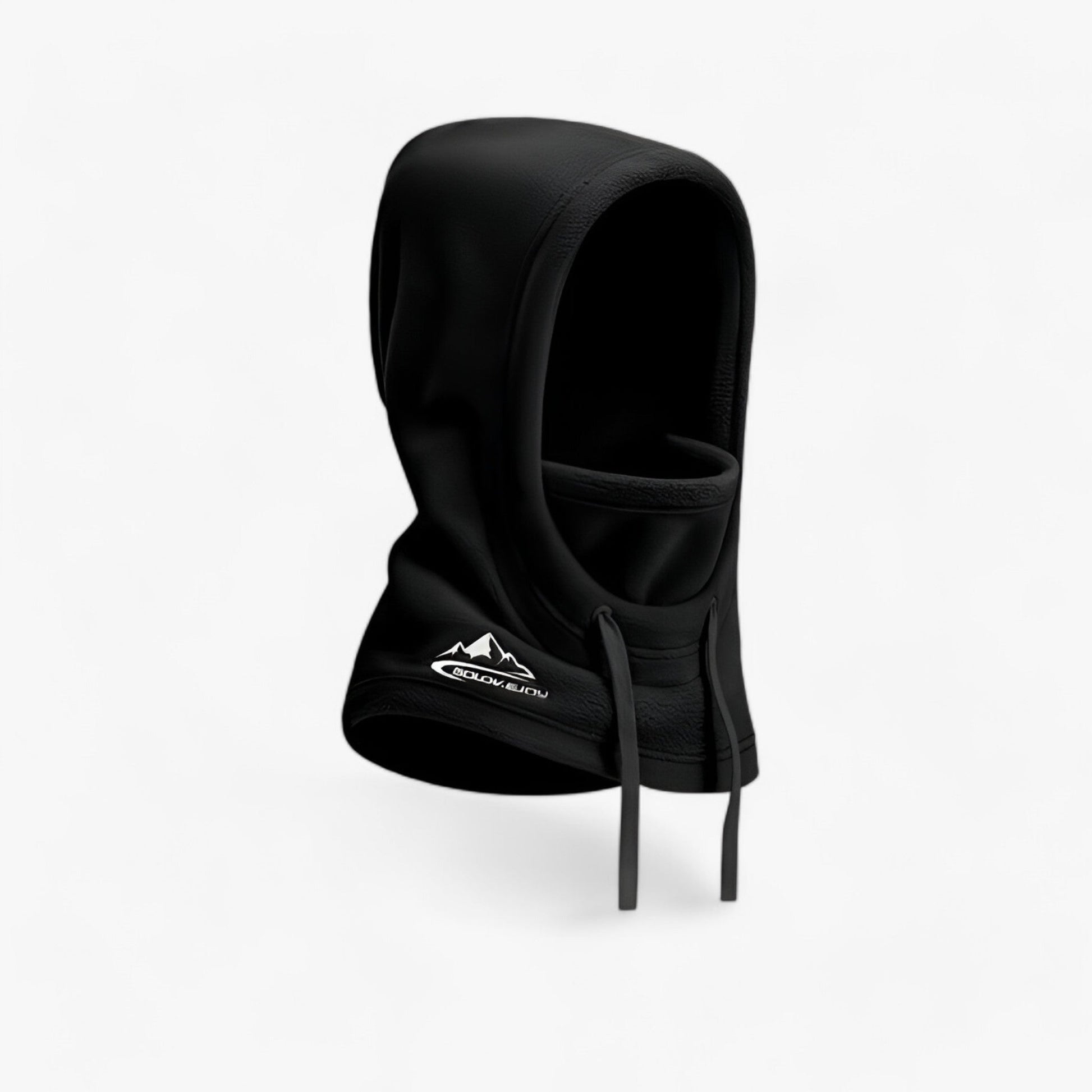 Schwarze Sturmhaube mit Logo, winddicht, ideal für Outdoor-Aktivitäten, Unisex-Design.