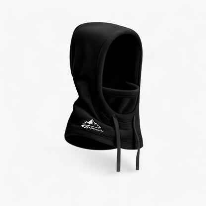 Schwarze Sturmhaube mit Logo, winddicht, ideal für Outdoor-Aktivitäten, Unisex-Design.