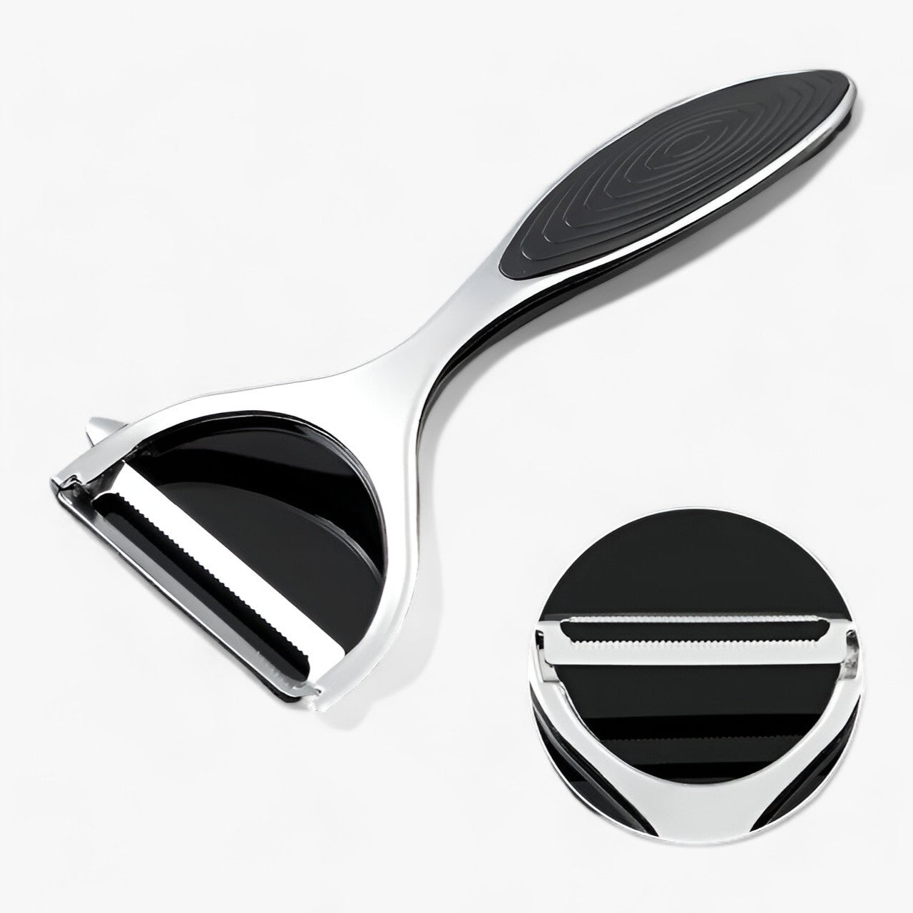Schwarzer Edelstahl-Gemüseschäler mit Ersatzklinge, ergonomischer Griff, Küchenzubehör.