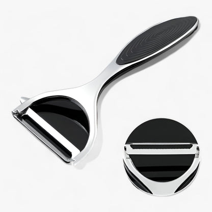 Schwarzer Edelstahl-Gemüseschäler mit Ersatzklinge, ergonomischer Griff, Küchenzubehör.