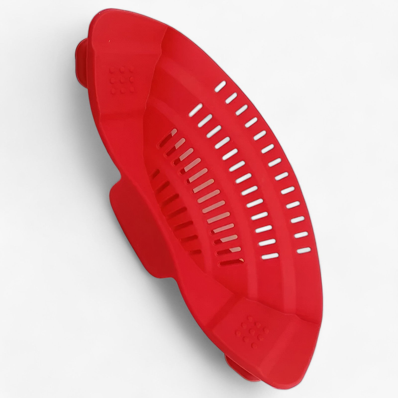 Rotes Kunststoffsieb, ergonomisch, für Küche, Spülbecken, Abtropfen, langlebig, modern.