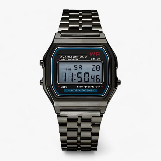 Retro digitale Armbanduhr, Edelstahl, schwarz, wasserdicht, mit Alarm und Chronograph.