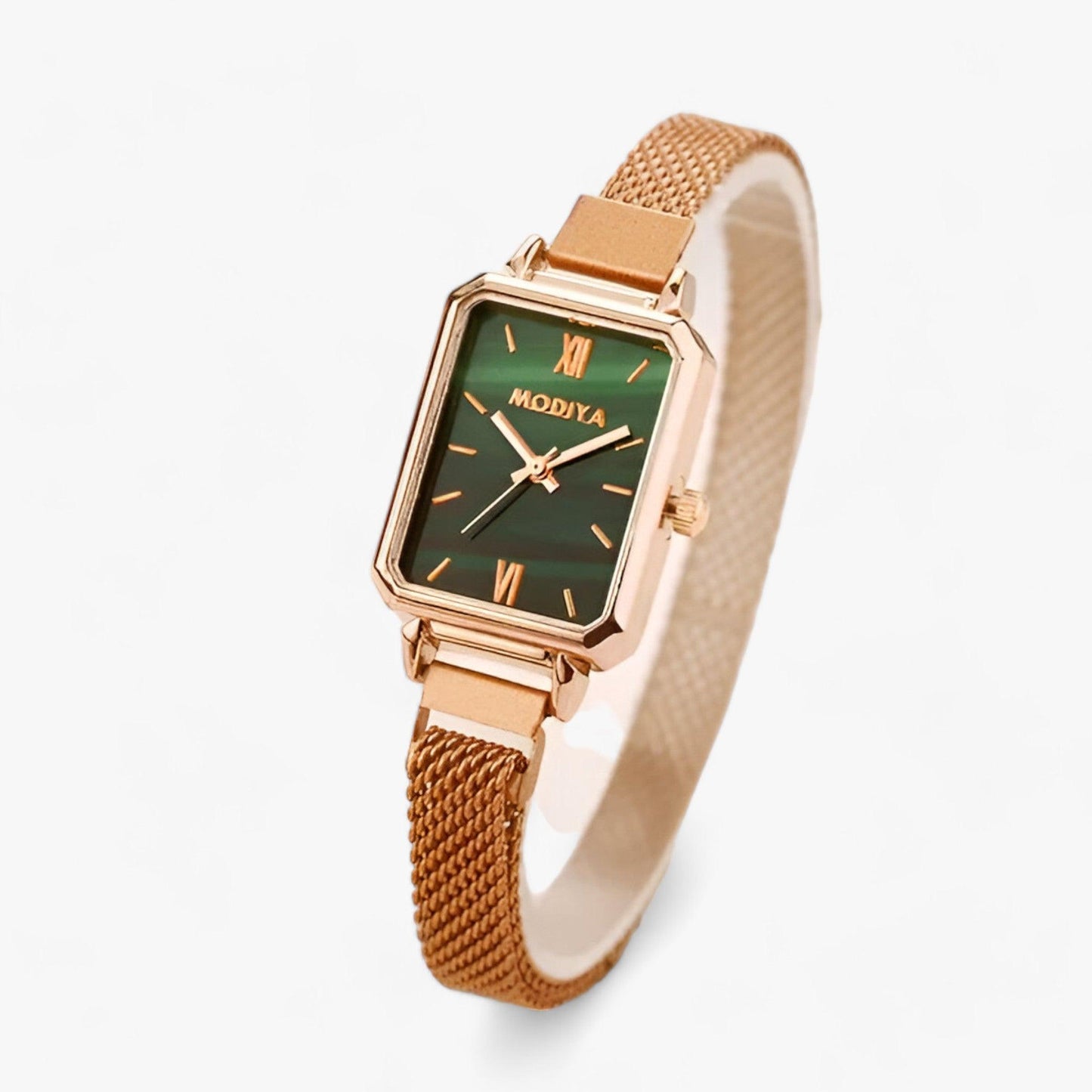 Goldene Damenarmbanduhr mit grünem Zifferblatt, rechteckigem Gehäuse und Mesh-Armband.