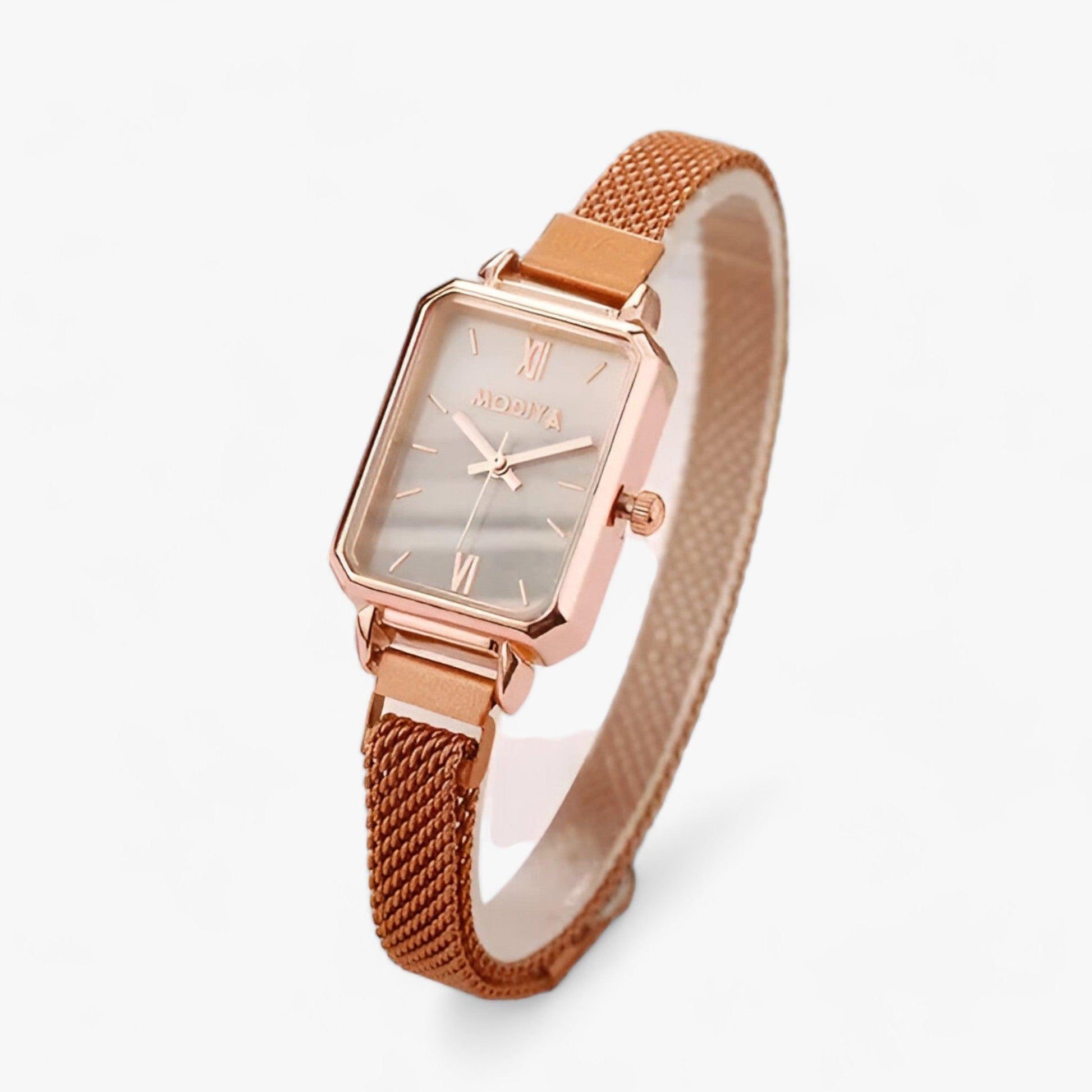 Roségoldene Damenarmbanduhr mit rechteckigem Zifferblatt und Mesh-Armband, elegant und modern.