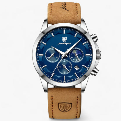 Luxus Herrenchronograph, blaues Zifferblatt, braunes Lederarmband, Edelstahlgehäuse.