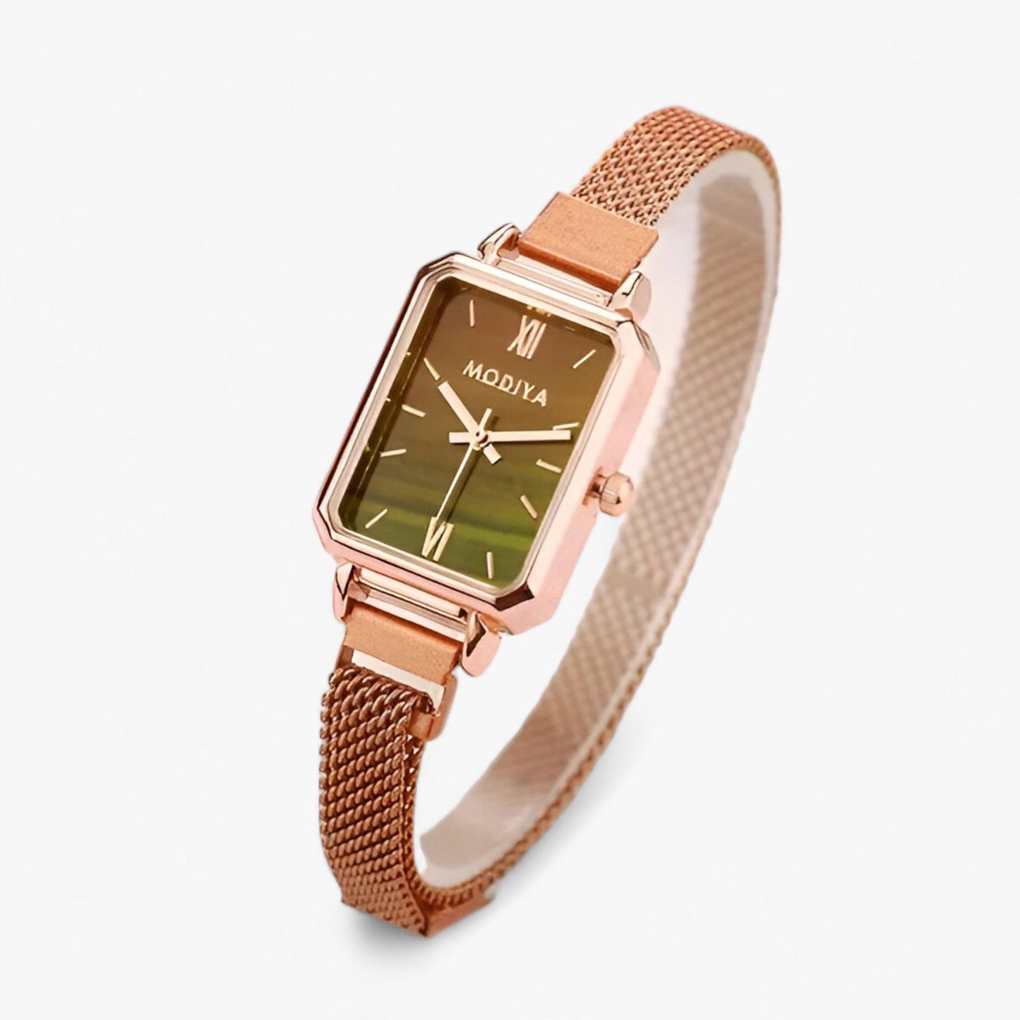 Roségoldene Damenarmbanduhr mit rechteckigem Zifferblatt und Mesh-Armband, elegant und modern.