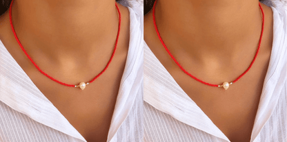 Rote Halskette mit natürlicher Perle, eleganter Schmuck, Damenmode, Accessoire, Geschenkidee.