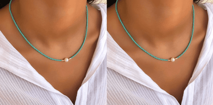 Türkisfarbene Halskette mit natürlicher Perle, eleganter Schmuck, Damenmode.