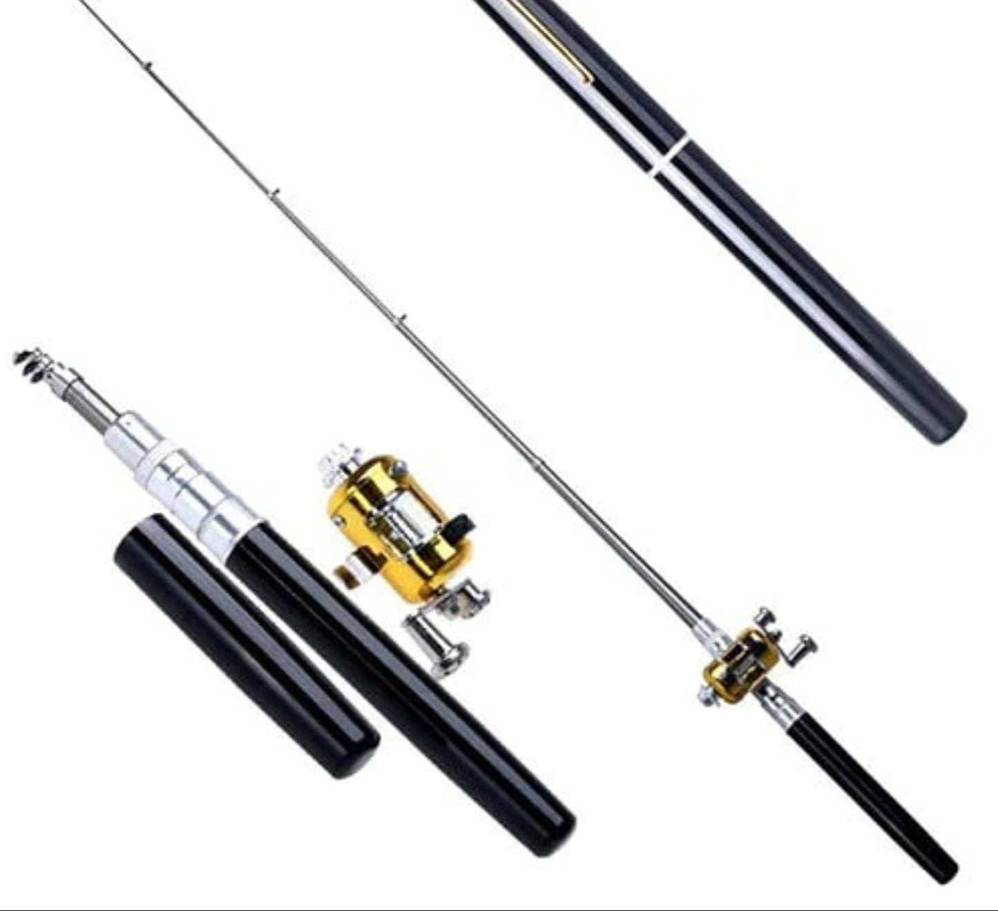 Schwarzes PocketPro Mini Angelset, tragbar, komplett mit Rute und Rolle, ideal für Reisen.