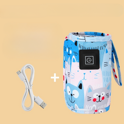Tragbarer USB-Flaschenwärmer mit Katzenmotiv, blau, inkl. USB-Kabel, Babyzubehör.