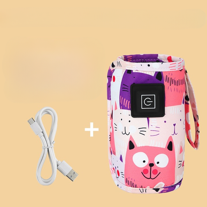 Tragbarer USB-Flaschenwärmer mit Katzenmuster, rosa, inklusive USB-Kabel.