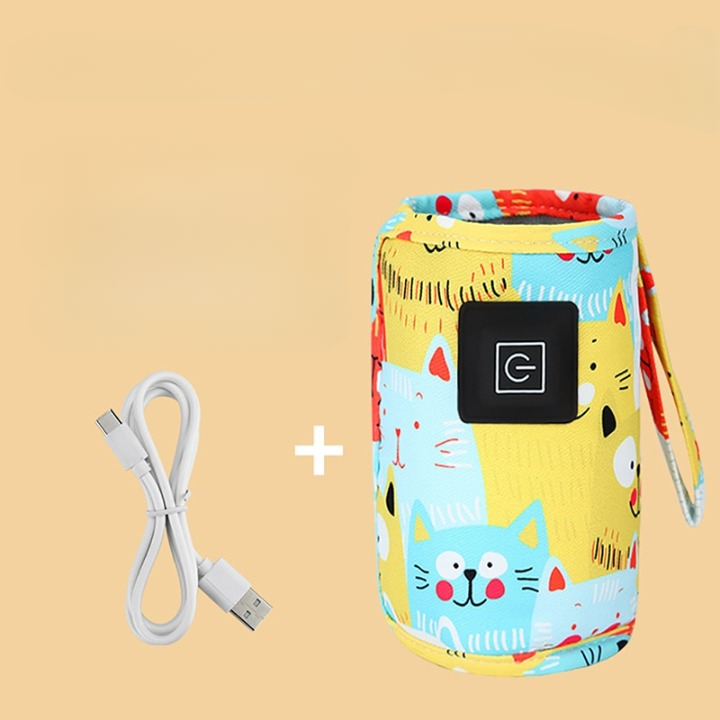 Tragbarer USB-Flaschenwärmer mit buntem Katzenmuster und USB-Kabel, ideal für unterwegs.