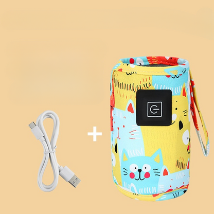 Tragbarer USB-Flaschenwärmer mit buntem Katzenmuster und USB-Kabel, ideal für unterwegs.
