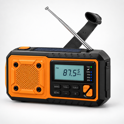 Radion snett framifrån mot vit bakgrund, med utfälld vev, utdragen antenn och solpanel upptill 10