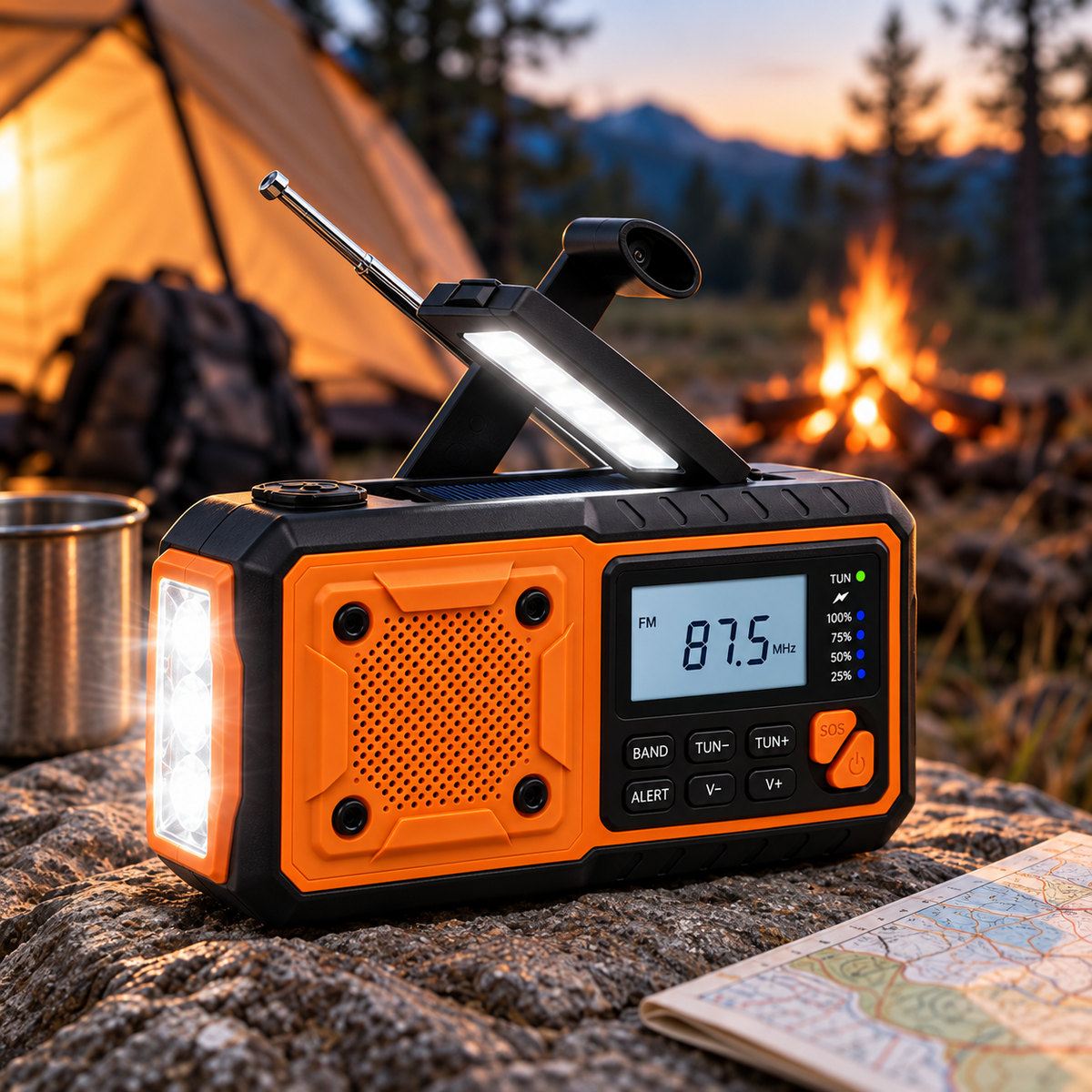 Radion på en sten vid ett tält och en brasa, med tänd ficklampa och karta bredvid 2