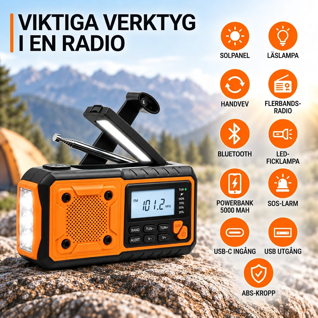 Radion på en stenig bergssluttning med ikoner som visar solpanel, läslampa, vev, Bluetooth, powerbank och SOS 7