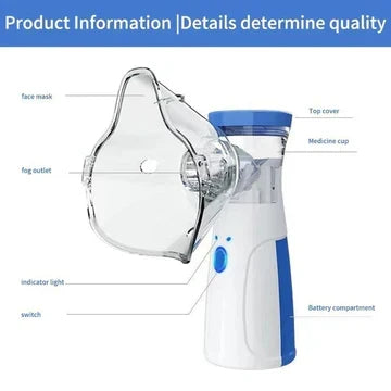 Nebulisatorn med pilar som pekar ut delarna: mask, dimutlopp, indikatorlampa, strömbrytare, lock, medicinbehållare och batterifack. 5