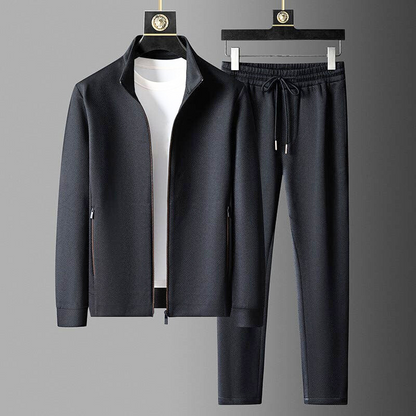 Schwarzer Premium-Trainingsanzug aus hochwertigen Materialien, Jacke und Hose, Herrenmode.