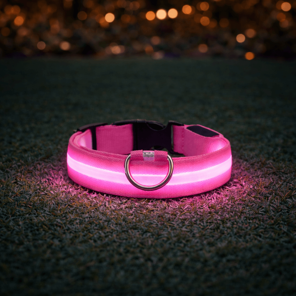 Rosa halsband med lysande LED-rand liggande på gräs i mörker, med suddiga ljuspunkter i bakgrunden. 7
