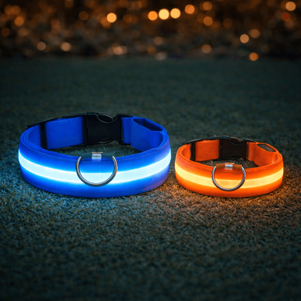 Ett stort blått och ett mindre orange lysande halsband bredvid varandra på gräs i mörker, som visar två storlekar. 6