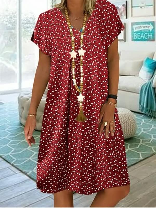 Rotes Sommerkleid mit weißen Punkten, Damenmode, lässig, V-Ausschnitt, kurze Ärmel.