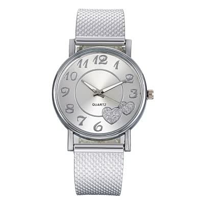 Silberne Damenarmbanduhr mit Herzdesign, Quarzwerk, Metallarmband, modisch und elegant.