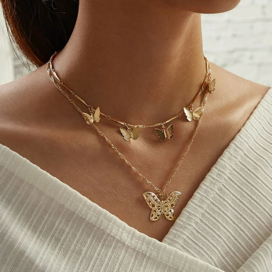 Goldene Schmetterlingskette, doppellagig, Damenmode, eleganter Schmuck, Halskette Accessoire.