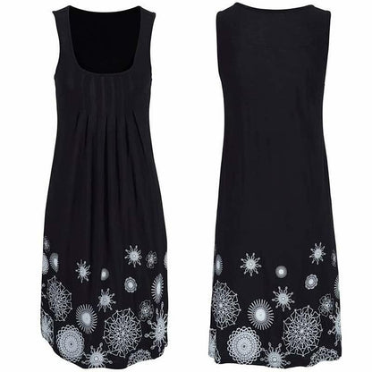 Schwarzes ärmelloses Kleid mit weißen Mandala-Mustern, Sommermode, Damenbekleidung.