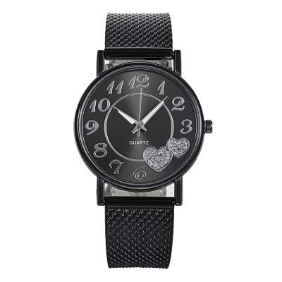 Schwarze Damenarmbanduhr mit Herzdesign, Quarzwerk, Metallarmband, elegantes Zifferblatt.