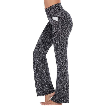 Graue Damen-Yogahose mit hoher Taille, Handyfach, elastisch, bequem, Sportbekleidung.