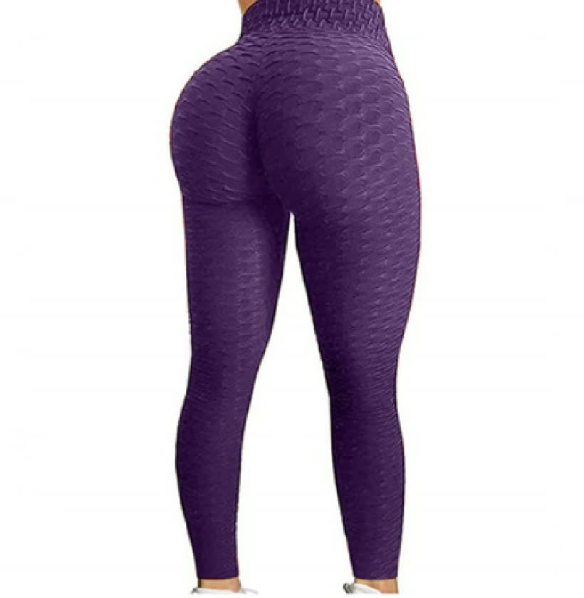 Lila Damen-Leggings, nahtlos, strukturierte Oberfläche, hohe Taille, Sportbekleidung.