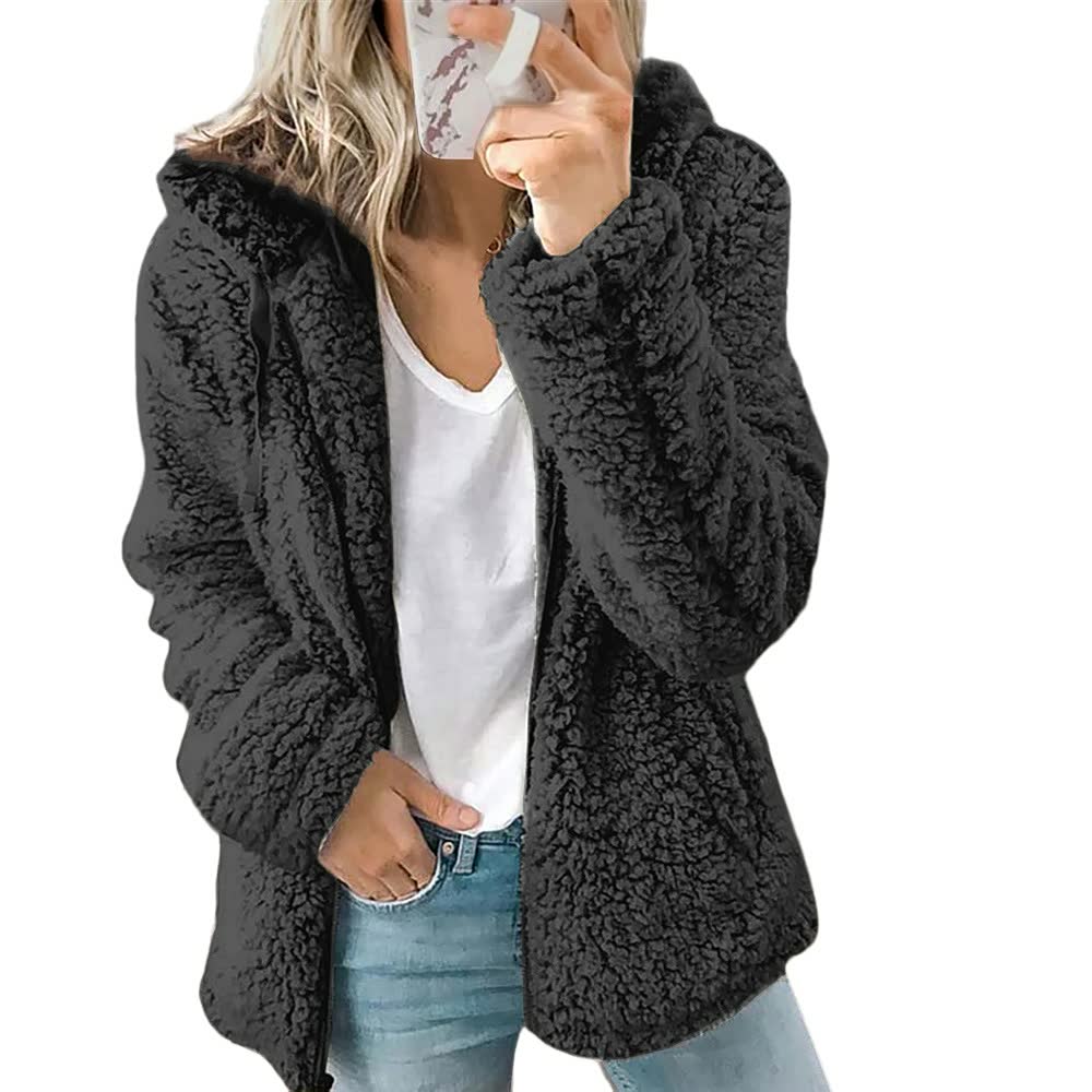 Damen Teddyjacke schwarz, flauschig, Kapuze, Wintermode, warm, lässig, modisch, bequem.