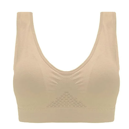 Beiger nahtloser Damen-BH, bequem, elastisch, ohne Bügel, ideal für Alltag und Sport.